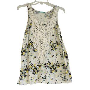 Maurices Floral Lace Front Tank Top M White & Yellow Polyester